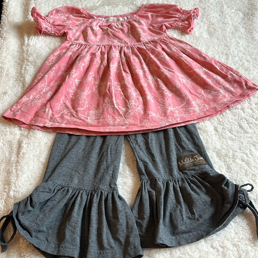 Matilda Jane Pink swing shirt and Grey Big Ruffle pant size 6